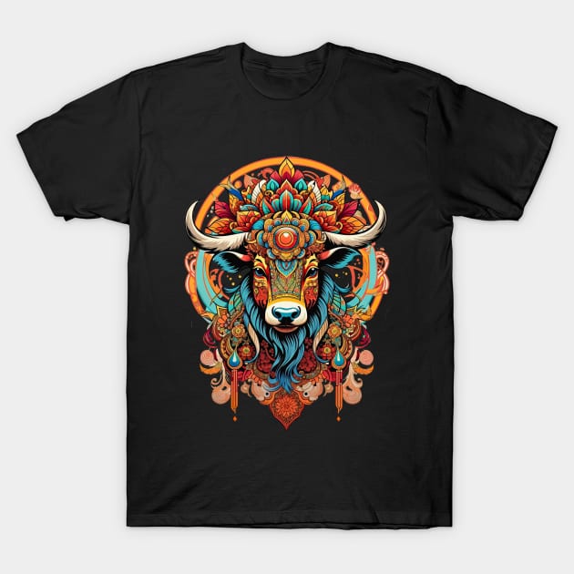 Bull's Head tribal art indigenous boho fusion design T-Shirt by Neon City Bazaar